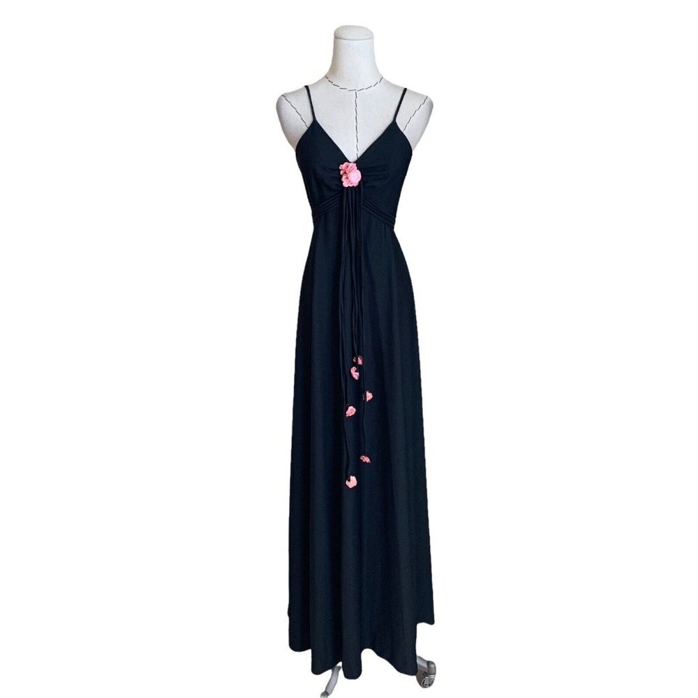 Vintage 70s Black Maxi Dress Poly With Rose Ties Groovy Hippie Hippy Boho